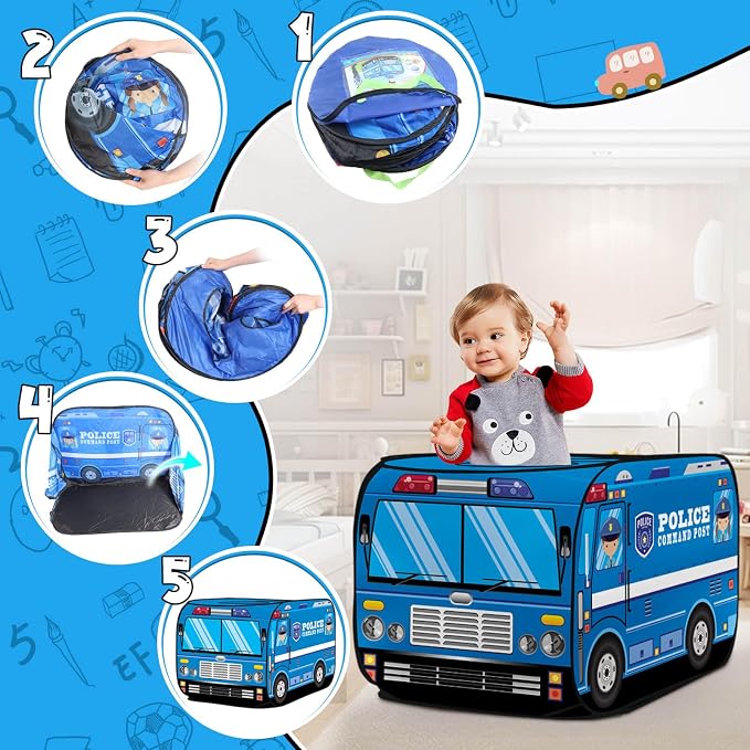 Pop Up Play Tent for Kids Aged 3-5 Years Old Boys and Girls : Police Car Playhouse Toy Play Tents for Toddlers 3-5 Kids Tent Indoor Outdoor Playhouse Toys for 3 + Year Old, Police Car