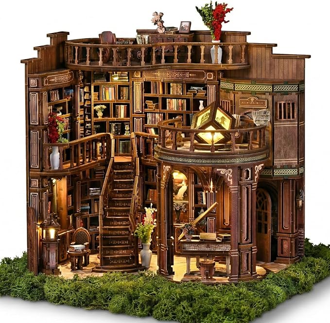 DIY Book Nook Kit for Adults, 888 Pcs 3D Wooden Puzzle Miniature Dollhouse with LED, Library Bookshelf Insert Decor, Mindful Craft Activity for Teens and Adults