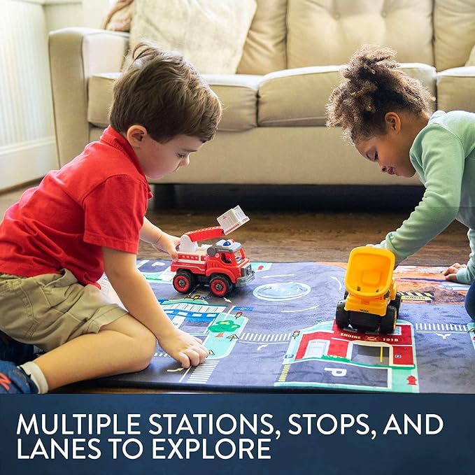 Flybar Power Gearz Kids Carpet Playmat Rug – Play Mat & Toy Trucks 3Pack Bundle with Automatic LED Traffic Lights, Car Rugs for Kids, Play for Playroom - Non-Slip, Toys for Ages 3-5