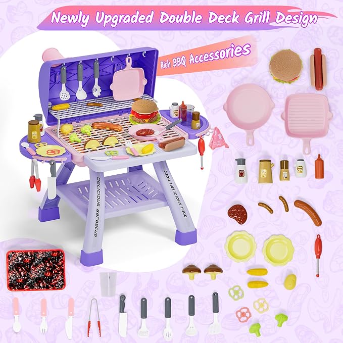Kids BBQ Grill Playset with Sound Light&Realistic Smoke, Toddler Kitchen Barbecue Toy Game, Outdoor Backyard Pretend Play Grill for Girls Boys, Play Food Cooking Set, Christmas Birthday Gift for 3-5