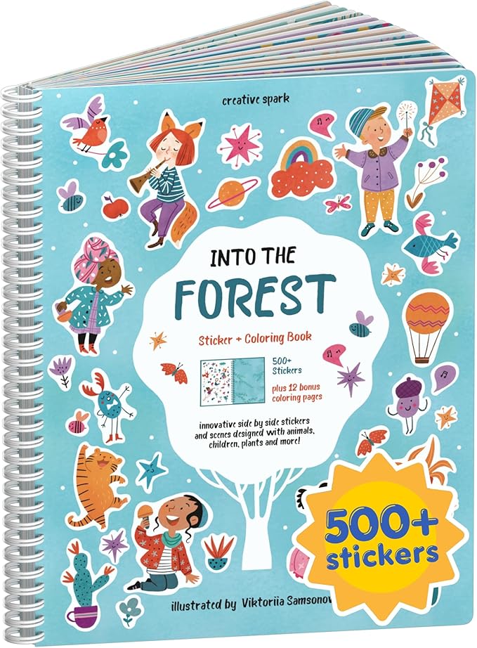 CUPKIN Into The Forest 500+ Kids Sticker Book Toddler Airplane Travel Activity Coloring and Sticker Book, Road Trip Essentials, 12 Coloring Pages 12 Scenes for Ages 2–8 Years