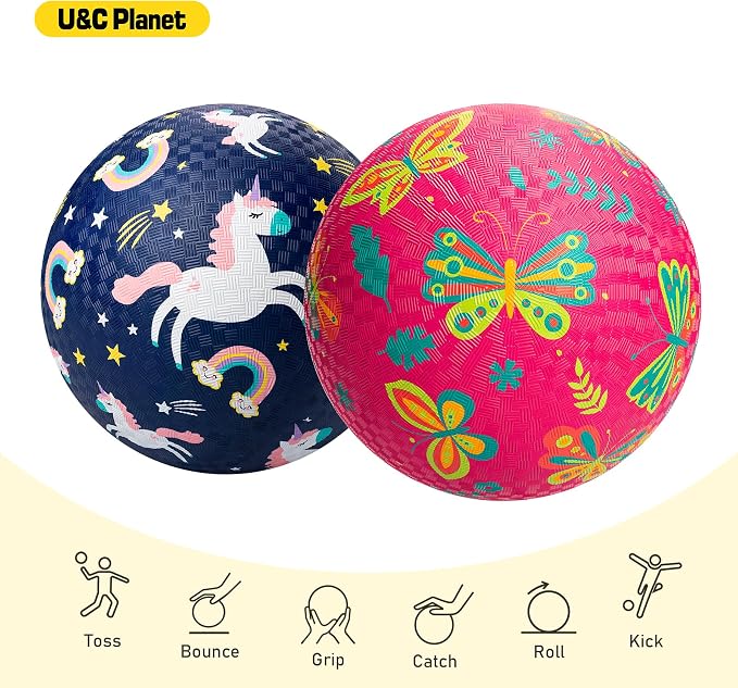 U&C Planet Playground Balls for Toddlers 1-3, 2 Pack 6 inch 8.5 inch Kickball for Kids Outdoor Indoor, Catoon Rubber Balls with Pump, Child Gift for Boys Girls 1-3 3-5 5-10