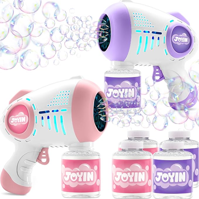 JOYIN 2 Kids Bubble Guns with 4 Bottles Solution, Automatic Bubble Machine Gun with 8 Holes for Kids, Adults, Summer Toys, Easter Basket Stuffers, Birthday Gift, Party Favors-Purple，Pink