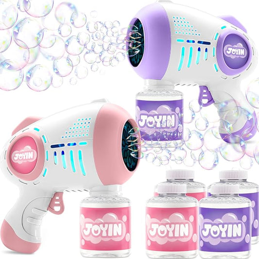 JOYIN 2 Kids Bubble Guns with 4 Bottles Solution, Automatic Bubble Machine Gun with 8 Holes for Kids, Adults, Summer Toys, Easter Basket Stuffers, Birthday Gift, Party Favors-Purple，Pink