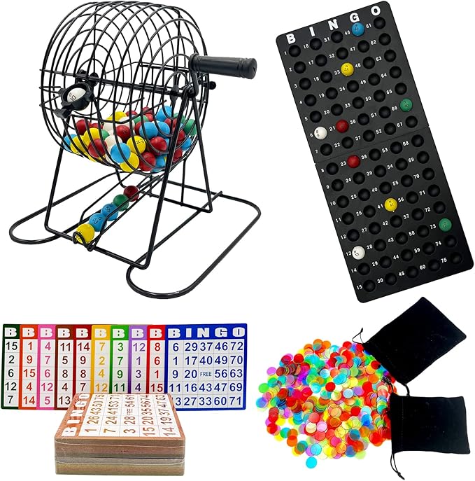 JUNWRROW Deluxe Bingo Game Set-Includes Bingo Cage,600 Colorful Plastic Chips with a Bag,100 Mixed Cards,75 Calling Balls with a Bag,Plastic Master Board-Ideal for Large Groups, Parties
