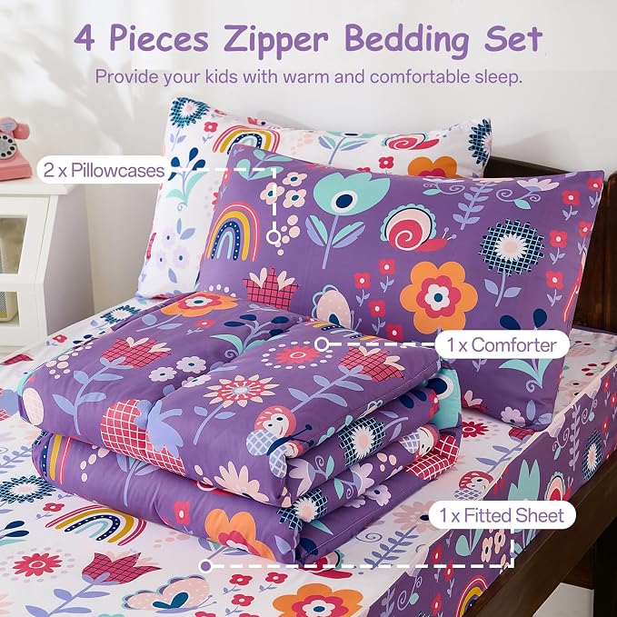 DJY Zipper Bedding Set Full, Purple Floral Bedding Sets for Girls, Kids Comforter Set with Fitted Sheet Pillowcases, All in One Zipper Bed Set for All Seasons