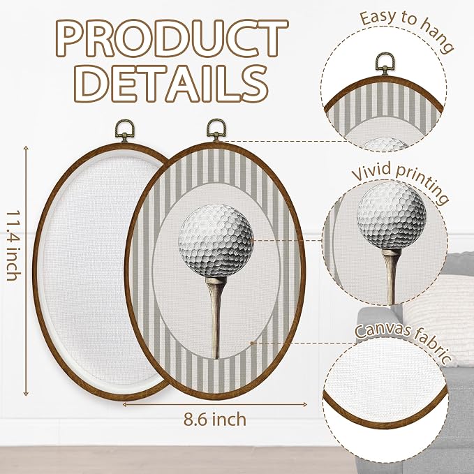 WULQYING Golf Ball Sports Nursery Wall Art Decor, Boys Room Oval Framed Canvas Art Prints, Neutral Striped Sport Lover Gift Wall Hanging Decor for Kids Nursery Room Playroom, 8.5x11.3 Inches