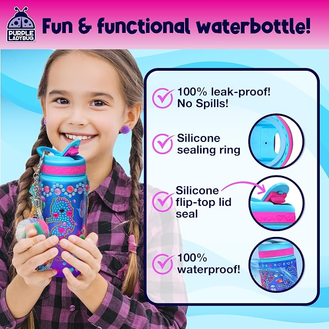PURPLE LADYBUG Decorate Your Own Water Bottle for Girls - Mermaid Gifts for Girl Age 6-8, Gifts for Girls 5 6 7 8 9 10 Year Old Birthday, Summer Gift for Kids Crafts for Girl Ages 6-8