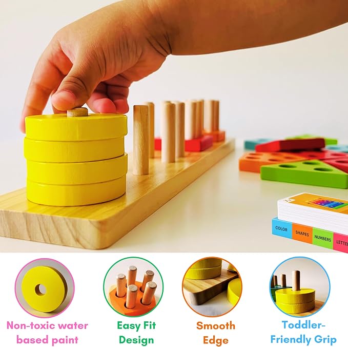 VYN & VYN Montessori Toys for 3+ Year Old Boys Girls, 2-in-1 Wooden Shape Sorter & 58 Flash Cards, Stacking and Sorting Toy, Color & Shape Matching Learning Puzzle, Educational Toy for Toddlers