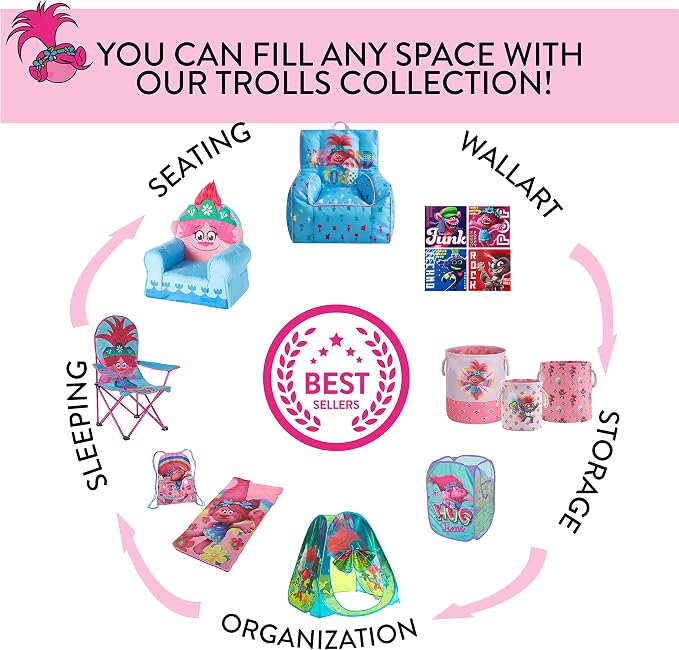 Trolls World Tour Kids Nylon Bean Bag Chair with Piping & Top Carry Handle