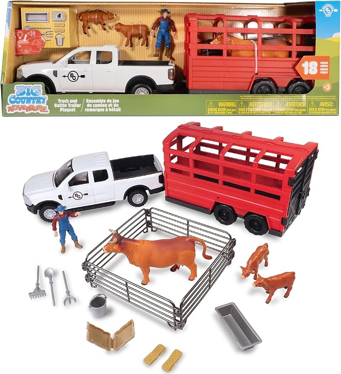 Big Country Toys: Truck & Cattle Trailer Adventure - 18pc Farm Toy Playset, Light-Sound White Pickup, Articulated Animals & Rancher Figure, Kids 3+