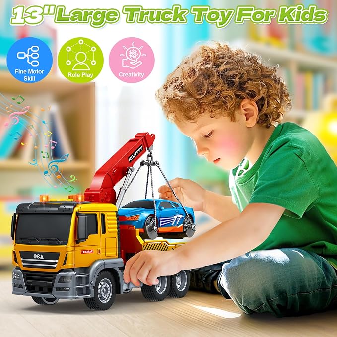 Bstoyder Kids Toys for 3 4 5 6 7 Years Old Boys, Large Tow Truck Toy, Friction Powered Transport Truck Crane Vehicle Toy with Lights and Sounds, Racing Car, Birthday Gifts for Boys Girls