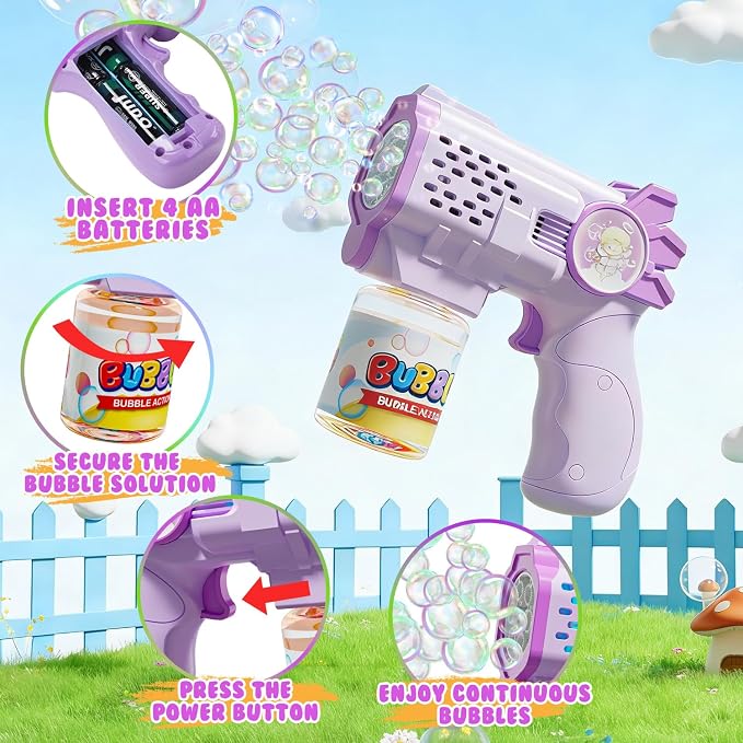 EagleStone Bubble Guns Bubble Machine for Toddlers, 10,000 Bubbles/Min Automatic Bubble Blower with Lights, 4 Pre-Filled Solutions, Light Up Bubble Blaster Outdoor Easter Birthday Gifts for Boys Girls