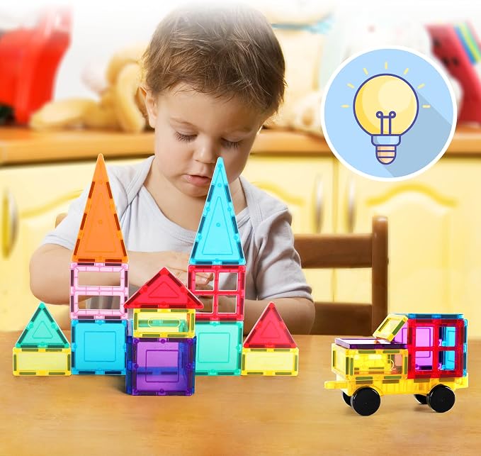 PicassoTiles Magnet Tile Building Blocks with Car Base Drawstring Storage Travel Bag Carry Case Magnetic Tiles Construction Toy STEM Learning Educational Kit Sensory Playset Preschool Kids 3+