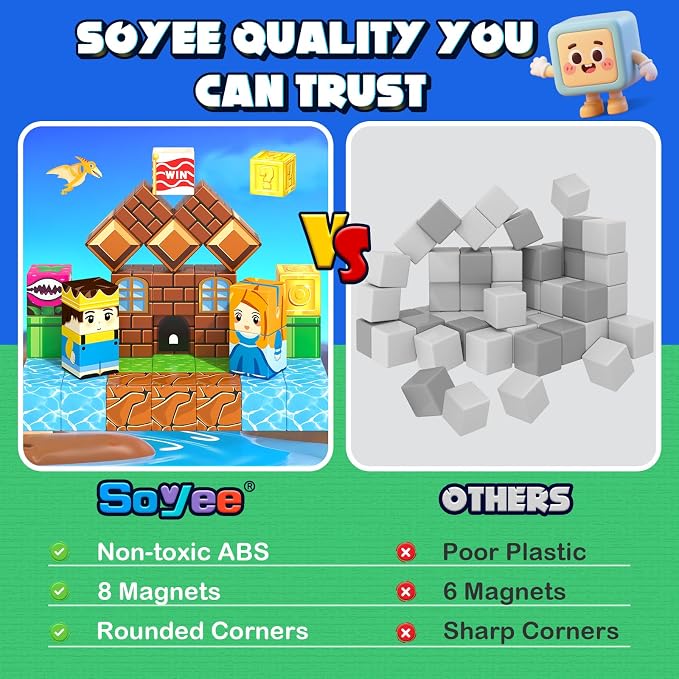 Soyee Magnetic Blocks 100PCS Magnetic Building Blocks Cubes Kids Boys Girls Toys for Ages 3-5 5-7 8-10 STEM Sensory Learning Building Magnet Toys 3-12 Year Old Girls Boys Birthday