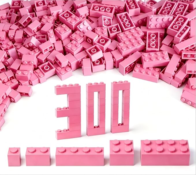300 Piece Bulk Assortment Pack - Pink Bricks with 5 Sizes, Compatible with Lego Parts