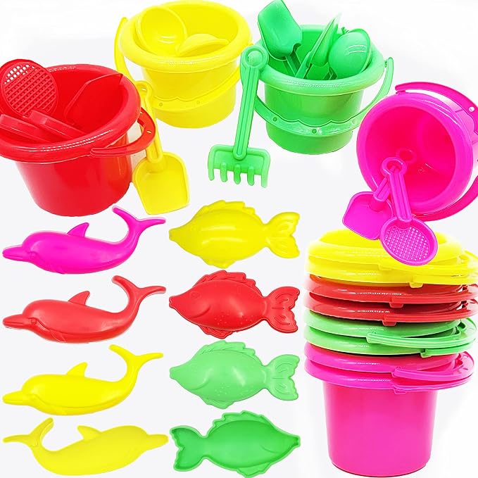 The Dreidel Company 12-Pack Mini Beach Day Playsets 3.25" Sand Bucket Play Set Box Includes, Pail, Shovel, Rake, Sifter Scoop, Dolphin Fish Sand Trays Toy for Boys and Girls Birthday Party Favor