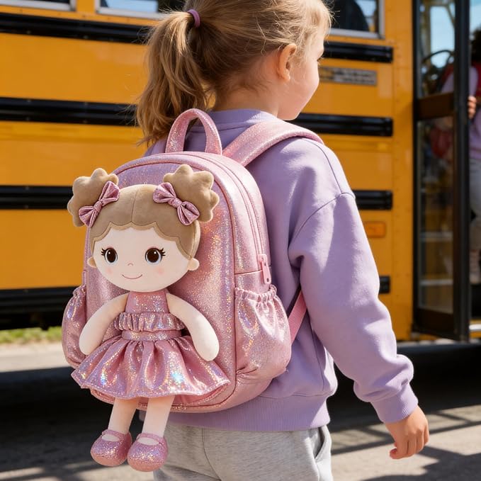 Lazada Toddler Backpack - Baby Girl Gifts Curly Fingerprints Plush Doll Dress Backpack - Fashion Girls Curly Rolled Fingerprints Series - Apricot Pink 11 Inches