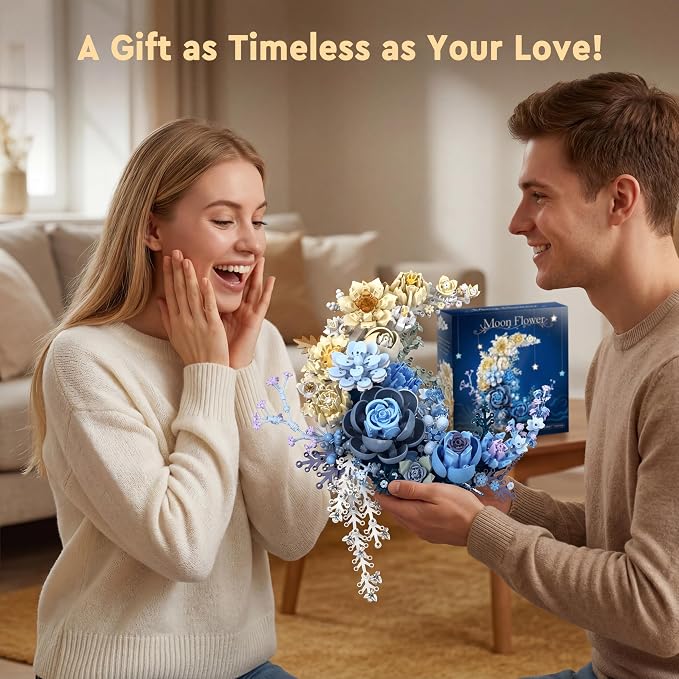 Blue Moon Flower Building Set, Botanical Collection Artificial Flowers Building Blocks Kit Compatible with Lego for Adults Home Décor Wall Art Decoration