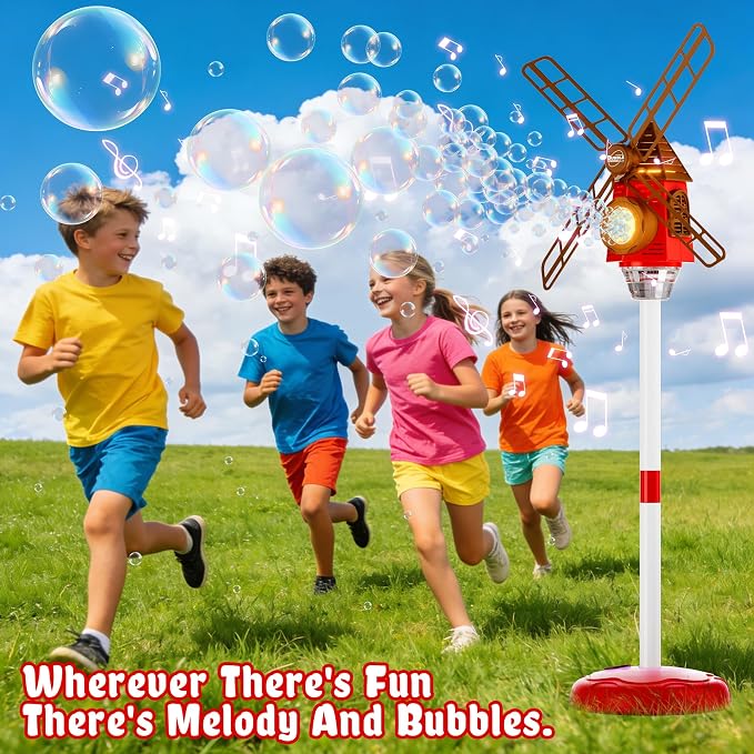 Windmill Bubble Machine for Kids, 51" Adjustable Height Bubble Maker with Light & Music, 130ml Tank, 10-Hole Battery Operated Bubble Blower for Toddlers, Backyard Outdoor Party Toys