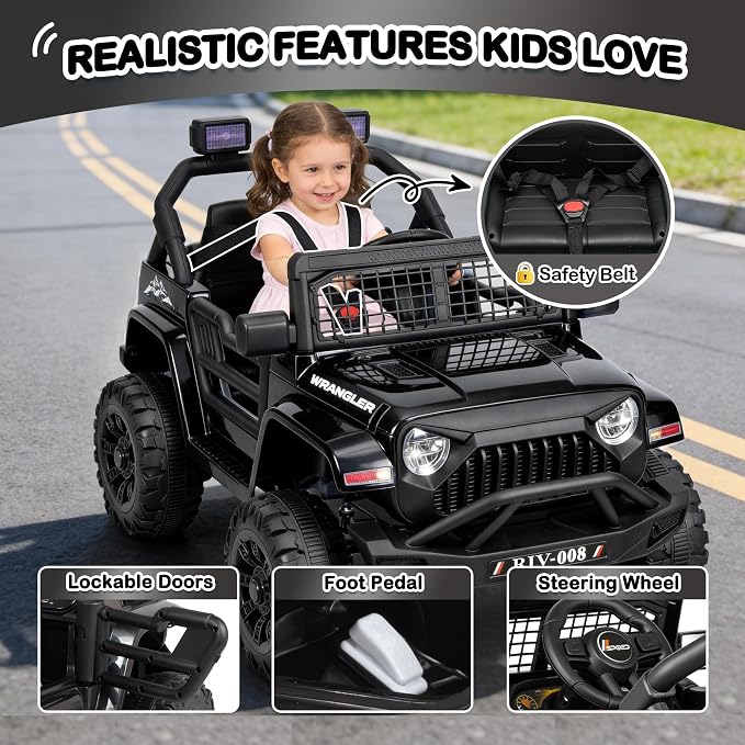 12V 7AH Kids Ride-On Truck Car, Electric Car with Parent Remote Control, Spring Suspension, LED Lights, Bluetooth, Music, Black
