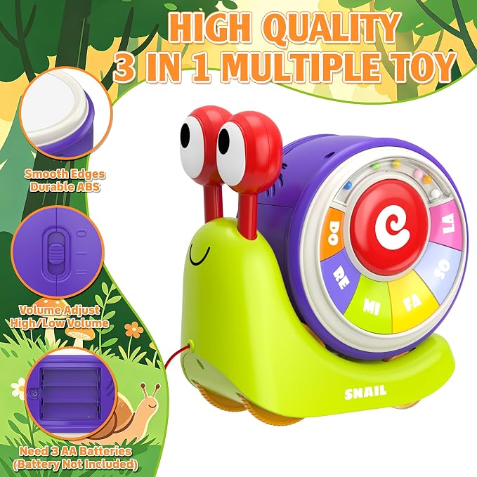 3 in 1 Pull Along Snail Toddler Toys, Baby Piano and Light Up Toddler Drum Set Early Learning Toys Toddler Gifts for Boys Girls, Baby Toys Musical Toys for Toddlers 1-3
