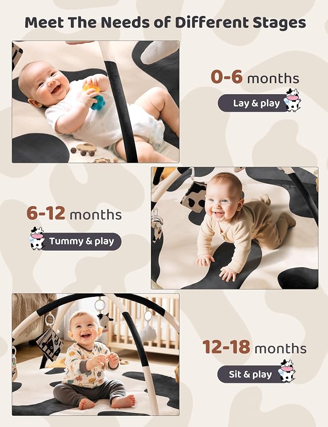 2PM SPORTS Cow Theme Baby Play Mat, Tummy Time Mat for Infant Newborn, Baby Play Gyms & Playmats for 0-3 3-6 6-12 Months, Activity Mat 5 Detachable Toys, Non Slip Gym Mat Easy to Install & Clean