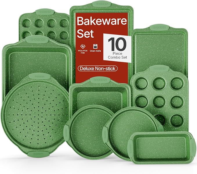 BAKKEN Kitchen Baking Pan Set - Nonstick Green Marble Coating, Carbon Steel Bakeware Sets with Green Silicone Handles, Kitchen Essentials, PFOA, PFOS, PTFE Free, Oven Safe (Up To 450° F), Set of 10