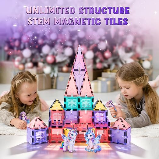 Magnetic Tiles, 80PCS Interlocking Building Blocks, Unicorn & Mermaid Princess Castle Construction STEM Learning Early Education for Kids Girls Boys,Toddler Toy Set Age 3-8