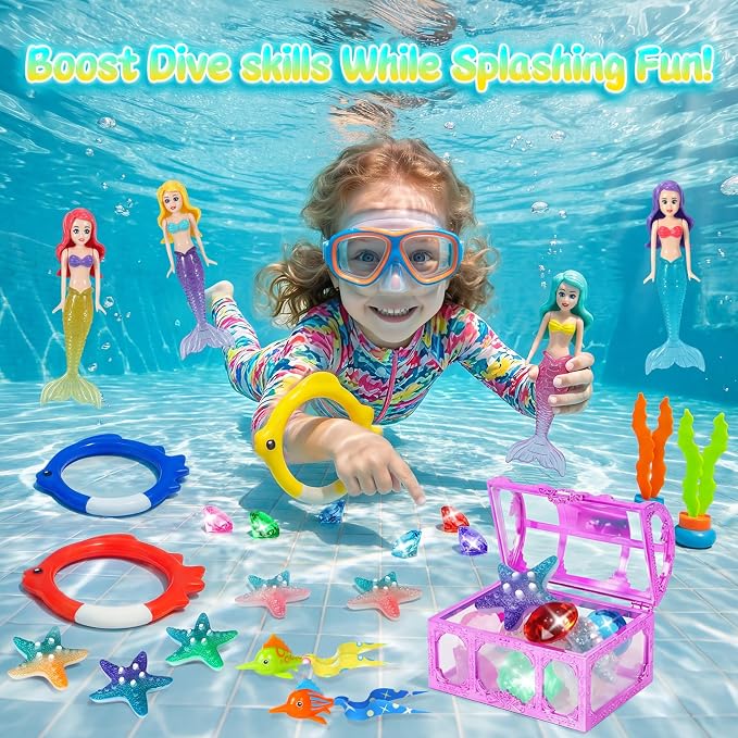 DRAMATION 25 Pcs Pool Diving Toys for Kids Ages 3-12, Mermaid Dive Pool Toys with Diving Gems and Treasure Chest, Diving Rings, Storage Bag, Summer Beach Swim Water Sinking Toys for Boys Girls 3-5 4-8