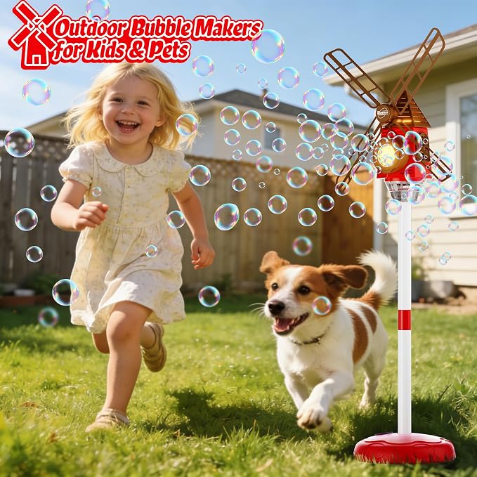 Belemar Windmill Bubble Machine Toys for Kids, Bubble Blower with Lights & Music, Adjustable 51" Height, 130ml Large Tank, Bubble Solution Included, Bubble Show for Parties & Birthdays