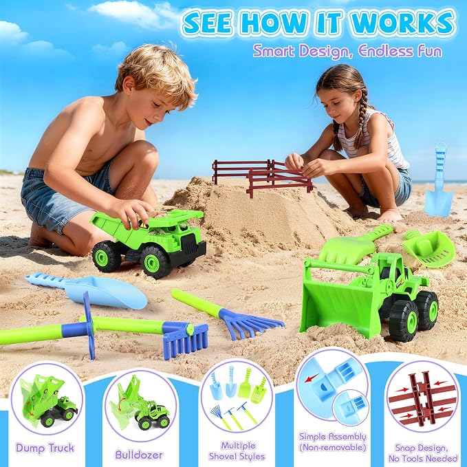 FHOZGECY Beach Sand Toys, 2 Trucks, 2 Collapsible Buckets, Sand Molds, Farm Animals, Upgrade Tools, Mesh Bag, Indoor Outdoor Play Set for Kids Ages 3-12, Multi‑Scene Play for Summer Travel Beach Games