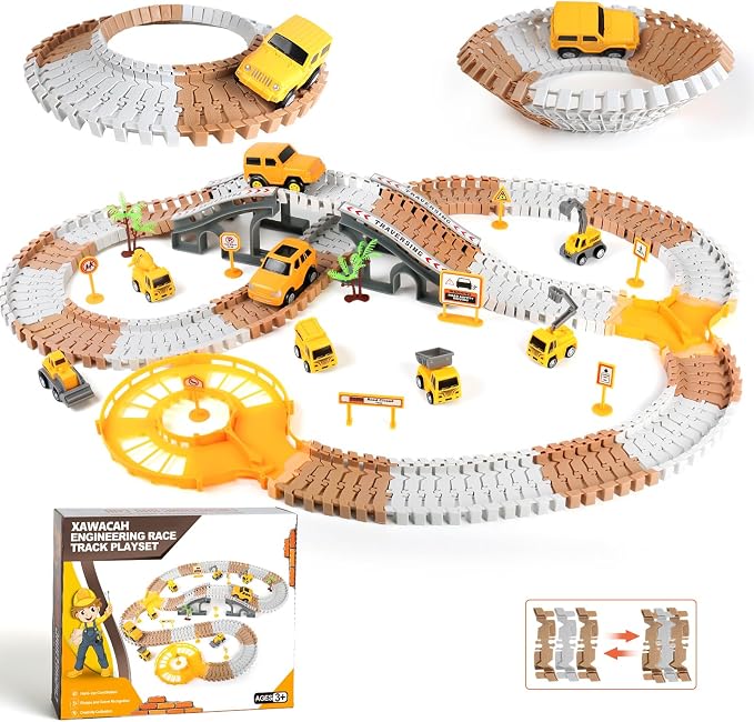 𝗫𝗔𝗪𝗔𝗖𝗔𝗛 Toy Construction Race Track Set for 3 4 5 Year Old Boys, 191 PCS Construction Car Track Playset for Kids 3-6 Years, Engineering Truck Toys DIY Track for 3 Years Old Boys Girls Gifts