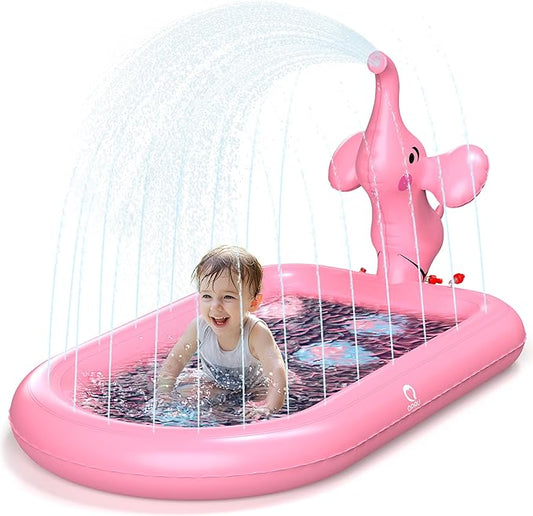 QPAU Splash Pads for Toddlers 1-3, Pink Elephant Toy Splash Pad for Kids, Outdoor Play Mat for Babies, Inflatable Sprinkler Pool for Birthday Girl Gifts 1 Year Old Girl