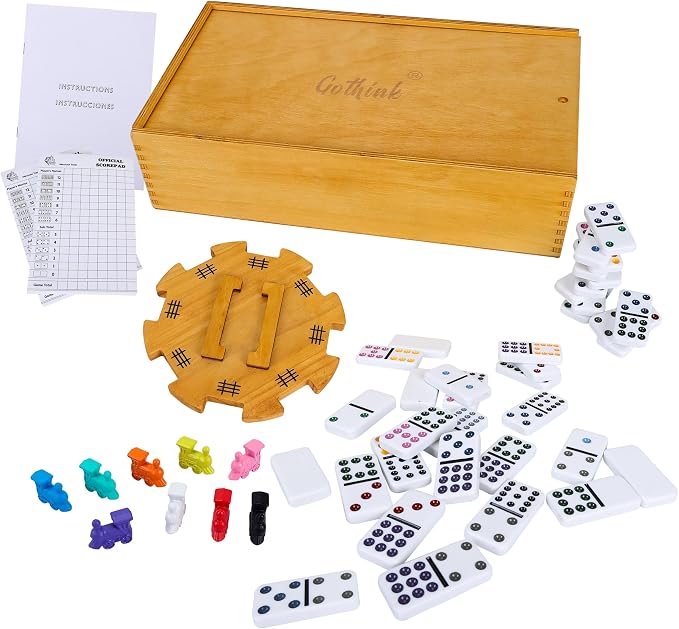 GOTHINK Double 12 Mexican Train Dominoes Set in Wooden Carry Case, Colored Dots Domino Set for Adults Kids and Family, Included 91 Tiles, 9 Trains, Wooden Hub, 8 Holders, 2 Scorepad in Vintage Box