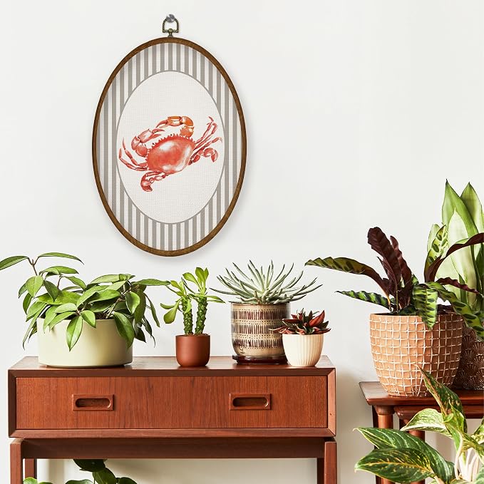 WULQYING Coastal Beach Red Crab Wall Art Decor, Beach Nursery Oval Framed Canvas Art Prints, Neutral Striped Nautical Ocean Crab Wall Hanging Decor for Home Bedroom Kids Nursery Room, 8.6x11.4 Inches