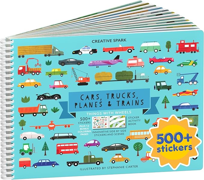 Cars, Trucks, Planes & Trains 500+ Kids Sticker Book by Cupkin Fun Toddler Travel Activity Coloring and Sticker Book, Road Trip Essentials, 12 Coloring Pages + Scenes for Ages 2–8 Years