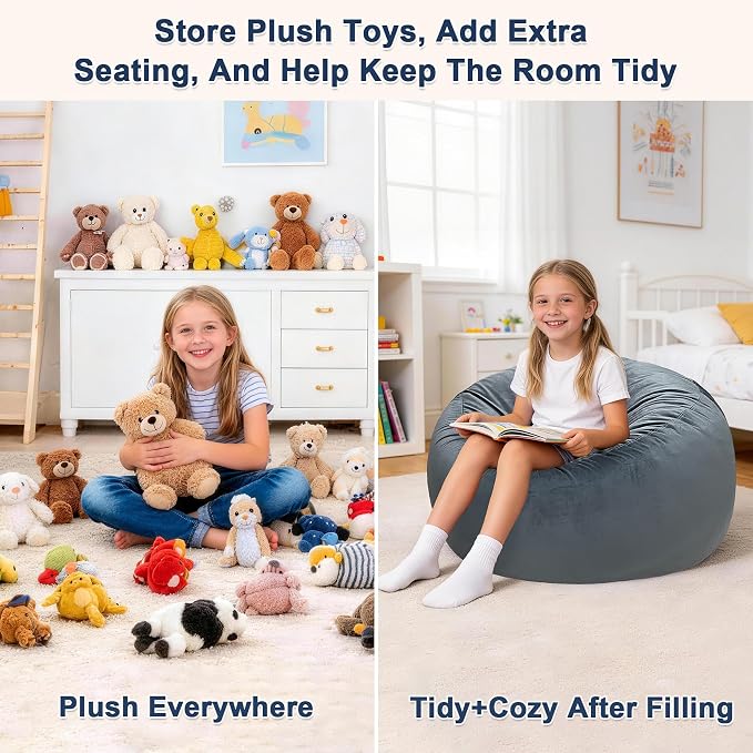 Lukeight Stuffed Animals Storage Bean Bag Chair Cover for Kids and Teens, Cozy Velvet Plush Toy Organizer Seat, Cover Only, No Filling Included, Long YKK Zipper, Side Pocket, XX-Large 36 x 20 in