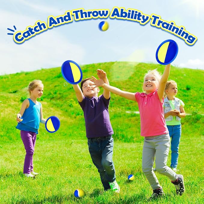 Charniol Kids Toys Toss and Catch Game Set Beach Outdoor Ball Sports Games Toss and Catch Ball Nylon Toys for Adults Kids(Yellow Blue,24 Paddles 12 Balls)