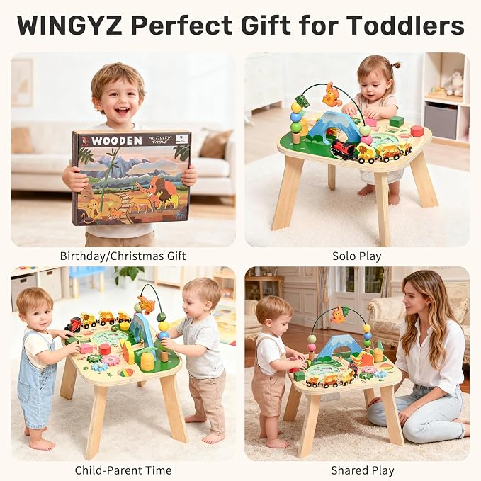 WINGYZ Activity Table for 1 Year Old Toddler, 9-in-1 Multi-Colorful Wooden Montessori Toys, Baby Play Table with Bead Maze Shape Sorter Train Toy, Educational Gifts for 12 Months+ Kids Boys Girls