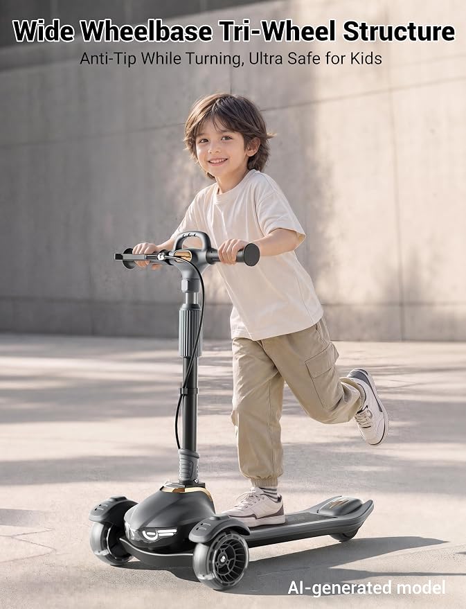 Large Kids Scooter, Toddler Scooter for Kids 3-18 & Adults, Safe Dual Brakes (Foot Brake/Hand Brake) & Music with Lights, 5-Level Adjustable & One-Click Folding Kick Scooter.