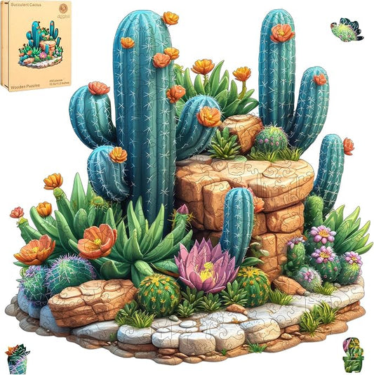 Delobil Succulent Cactus Wooden Puzzles for Adults, 200 Pieces Jigsaw Puzzles, Unique Shaped Medium Size Liberty Wood Puzzle Gift for Adults and Kids, Family Game 11.2'' x 10.8''
