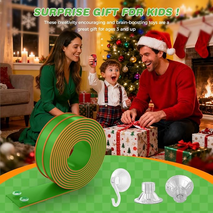 TAEMVV 15 Ft Dual Flexible Race Track for Kids, DIY Ramps Car Track Set Compatible with Hot Wheels 1/64 Diecast Cars, Reinforced Suction Cup for Boys Girls 3+, Green&Orange