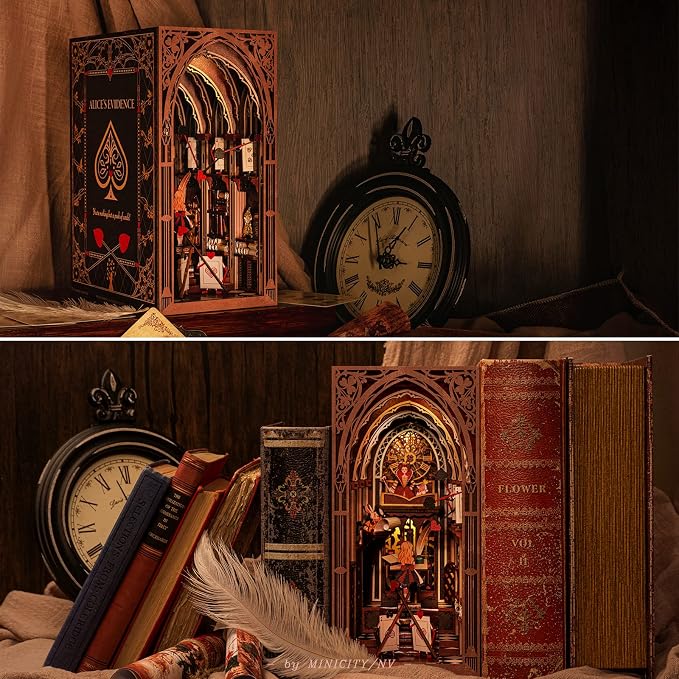MiniCity DIY Book Nook Kit for Adults, 3D Wooden Puzzle Bookend Bookshelf Insert Decor with LED Light and Dust Cover (Alice in Wonderland)