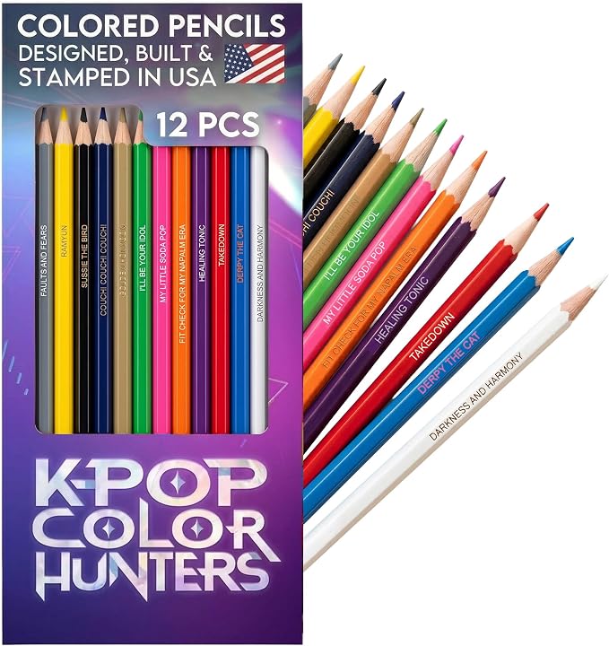 KPop Color Hunters Colored Pencil Set - 12 KPop Demon Hunters Merch Pencils with Clever Foil-Stamped Names, Soft Core Pencils for Coloring Books, Drawing, Ideal Gift for KPop Demon Hunters Fans