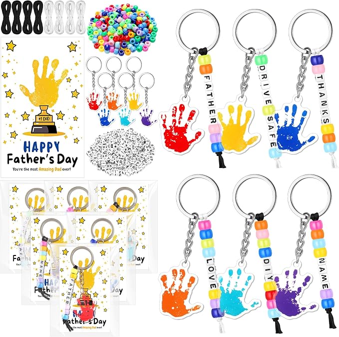 Suncalla 996 Pcs 24 Set Father's Day Keychain Making Kit DIY Bead Keychain Crafts Father's Day Adjustable Letter Beads Handprint Keyrings Cards Strings Gift Kit Accessories Party Favors for Dad