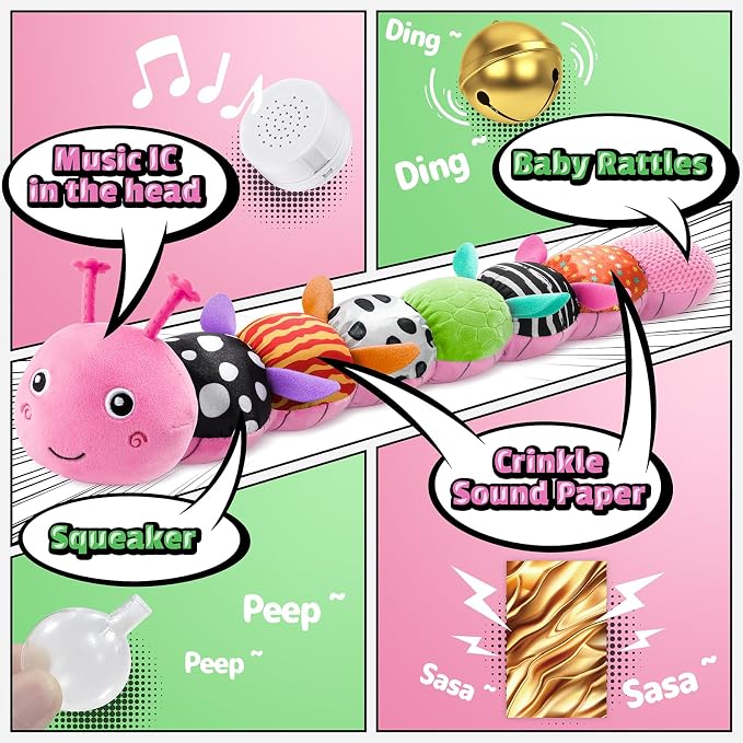 LIGHTDESIRE Baby Toys Musical Caterpillar,Infant Toys Stuffed Animals 3 6 12 Months Sensory Toys with Ruler Design,Crinkle&Ring Bell,Baby Teething Toy Tummy Time Boy Girl Birthday Shower Gifts