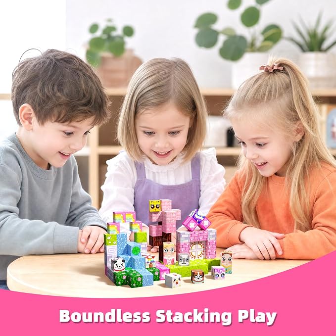 100PCS Magnetic Blocks, Magnetic Building Cube Set for Kids Ages 3+, Constructions STEM Stacking Tiles Toy Building Birthday Gifts for Girls