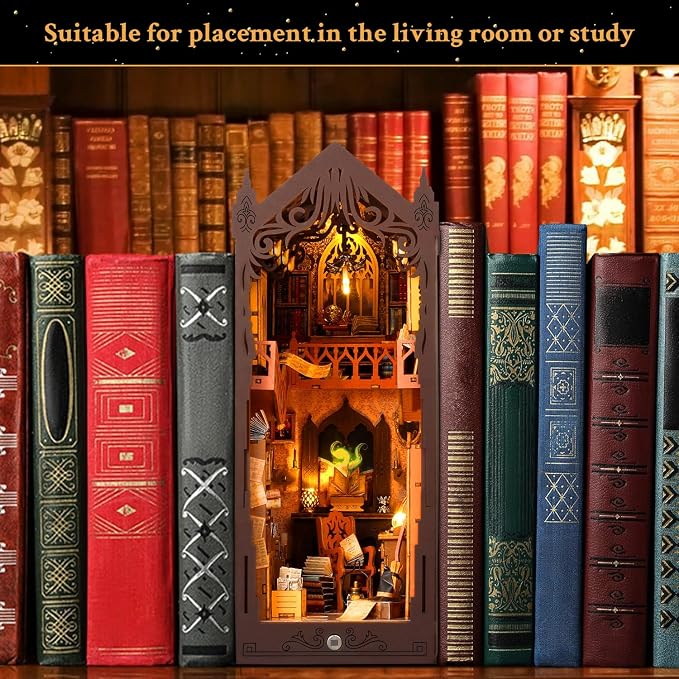 Book Nook Kit - DIY Miniature Dollhouse with LED Light, 3D Wooden Puzzle Kit for Adults & Teens, Library Shelf Decor (200+ Pieces)
