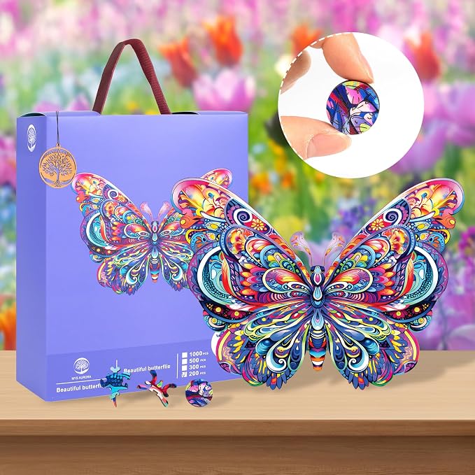 Mys Aurora Wooden Puzzles for Adults, Butterfly Jigsaw Puzzles 200 Pieces, 9 x 12.2 Inch, Medium, Unique Shaped Irregular Colorful Wood Puzzles, Beautiful Luxury Packag Gifts for Adults and Kids